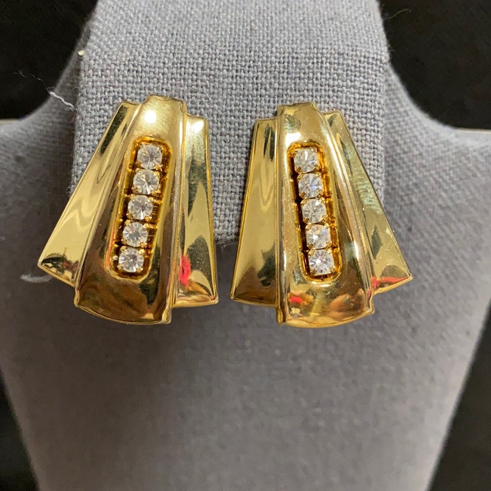 Vintage gold 5 Rhinestone pierced earrings 1” drop